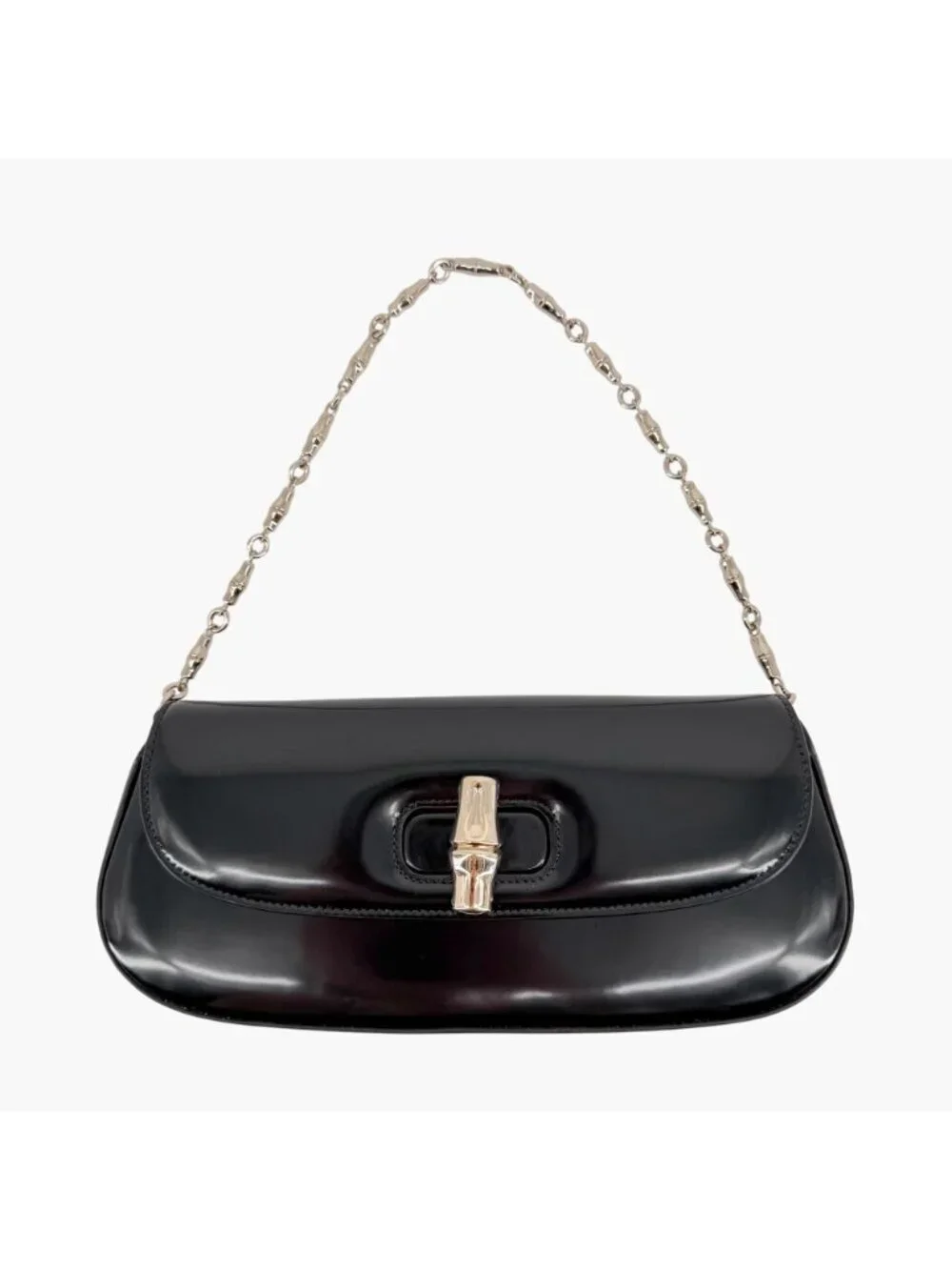 Gucci Bamboo Night Chain Turnlock Shoulder Bag Clutch Black Leather Small - Picture 3 of 15